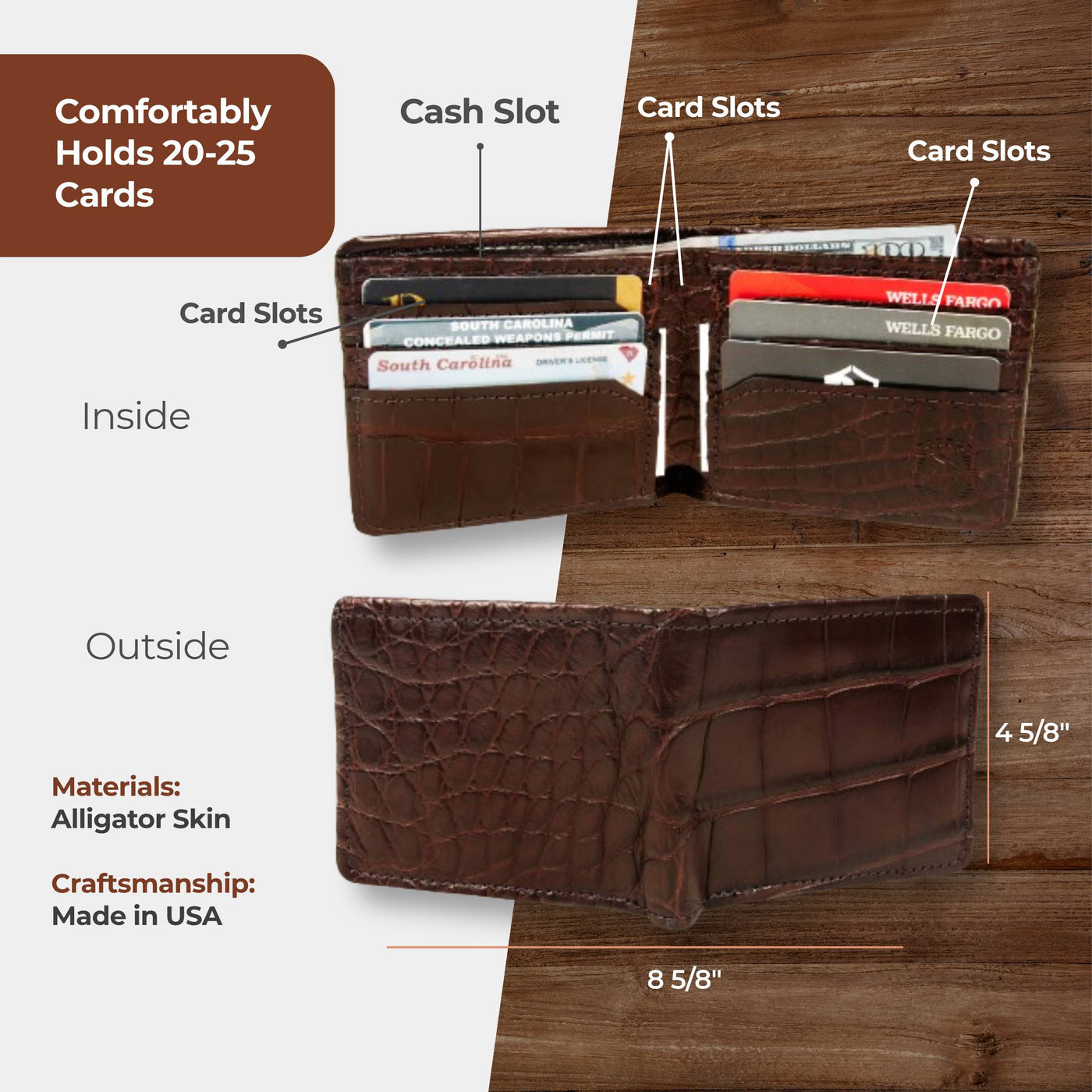 mens brown alligator bifold wallet