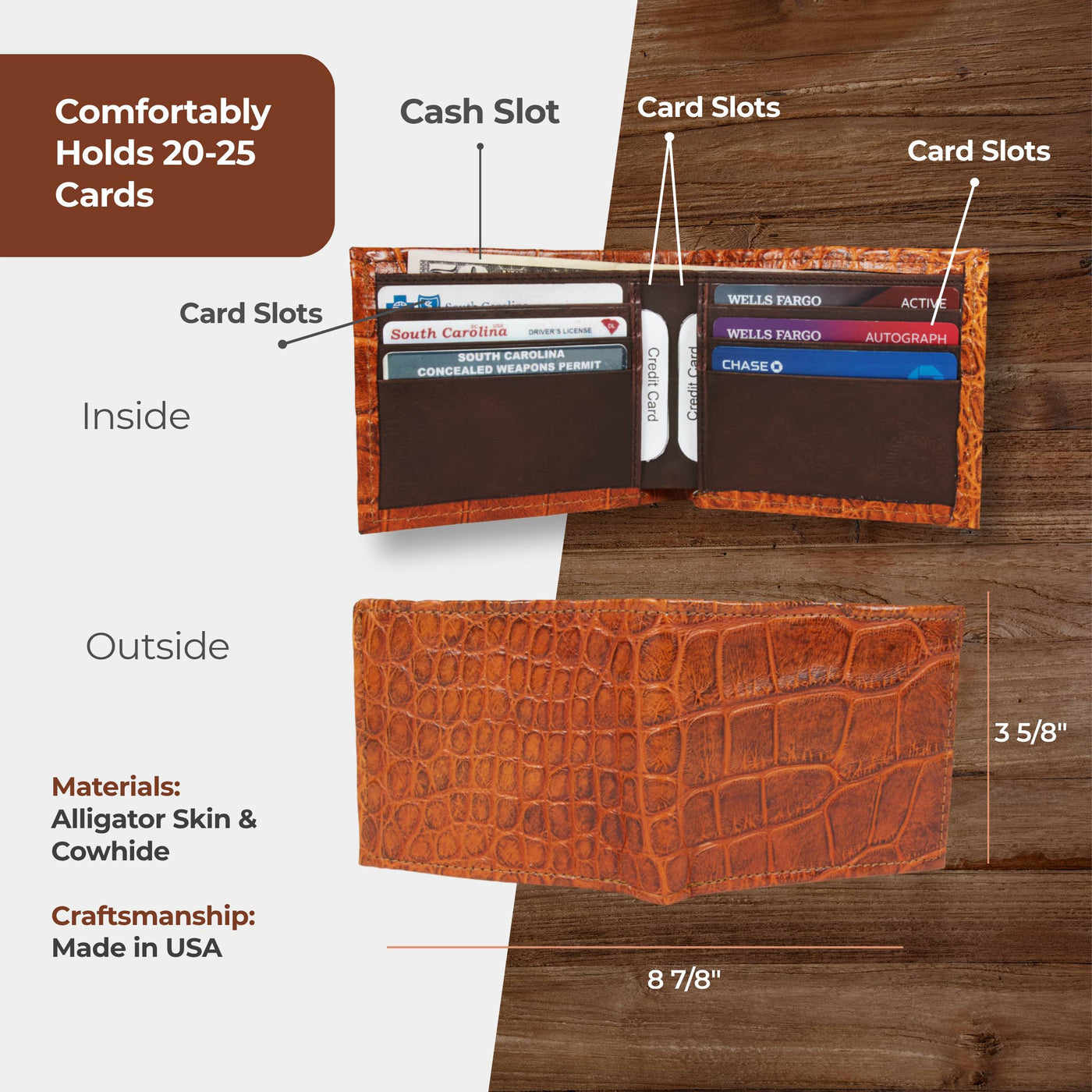 cognac alligator skin bifold wallet